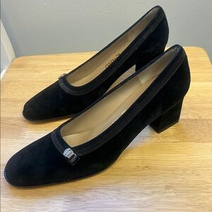EUC Salvatore Ferragamo Black Suede Block Heel Pumps with  Signature Name Plate